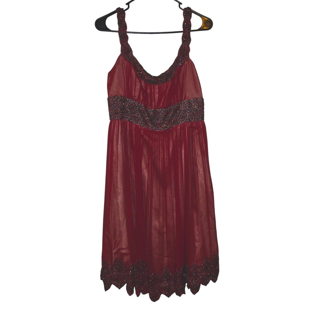 Adrianna Papell Evening Beaded FairyGoth Dress Size 8 Burgundy Silk Mesh